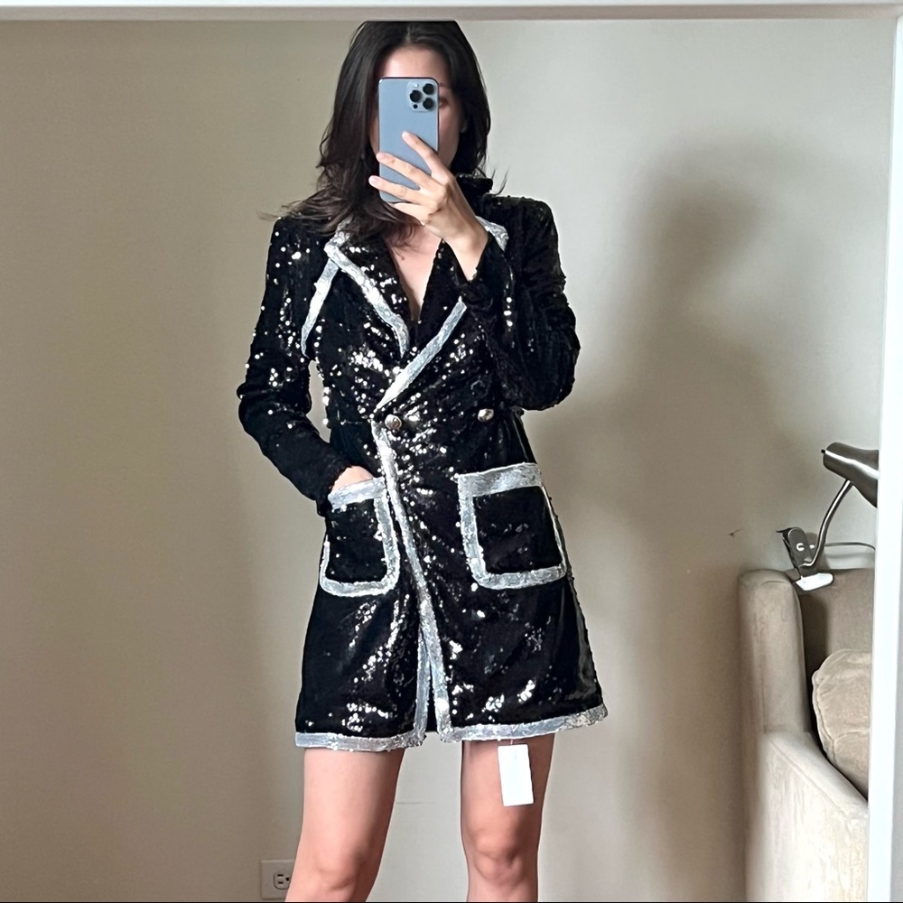 Miss Circle jacket dress sequins black silver size M C5